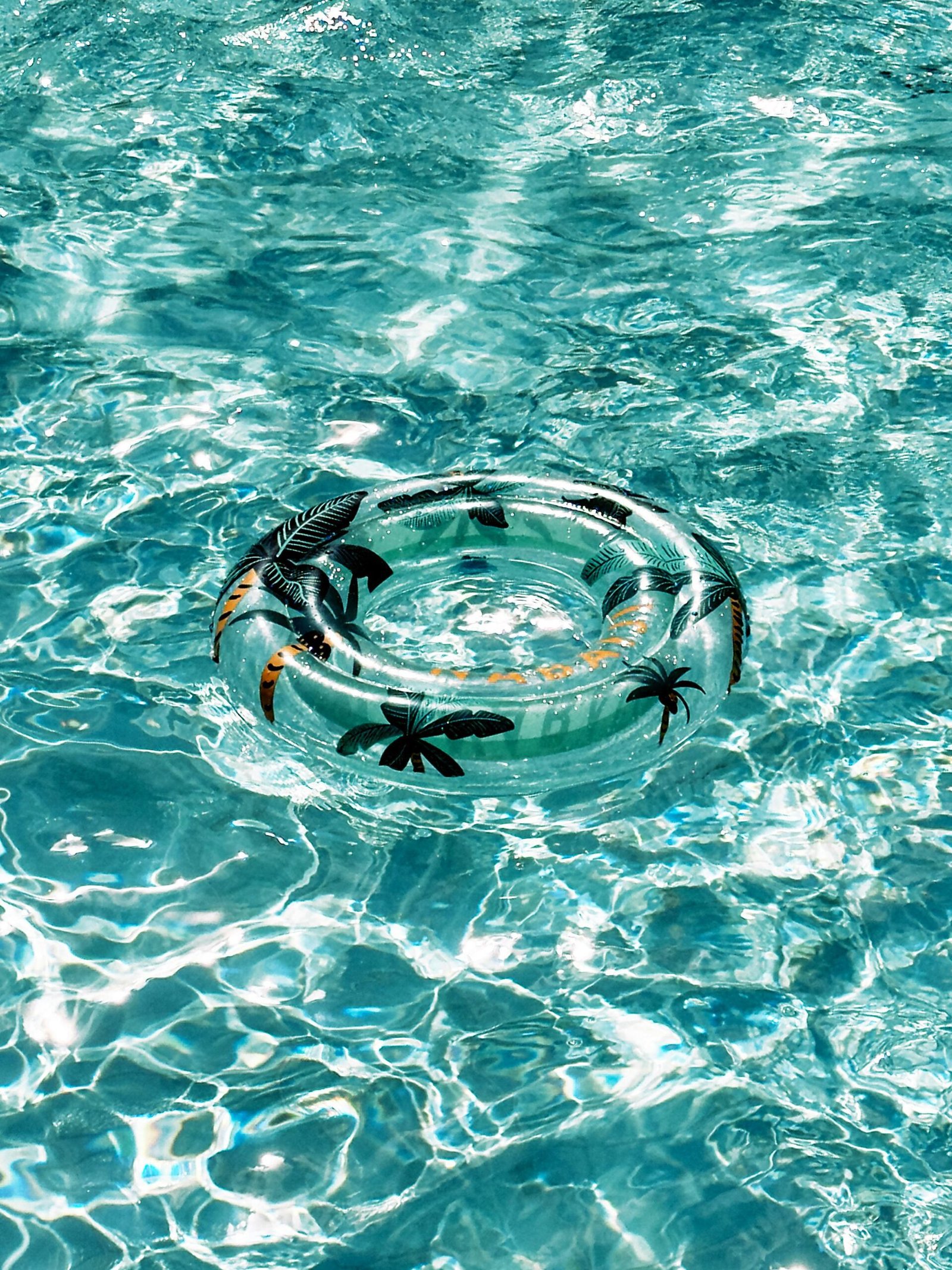 A clear inflatable ring with leaf patterns floating on a shimmering pool.